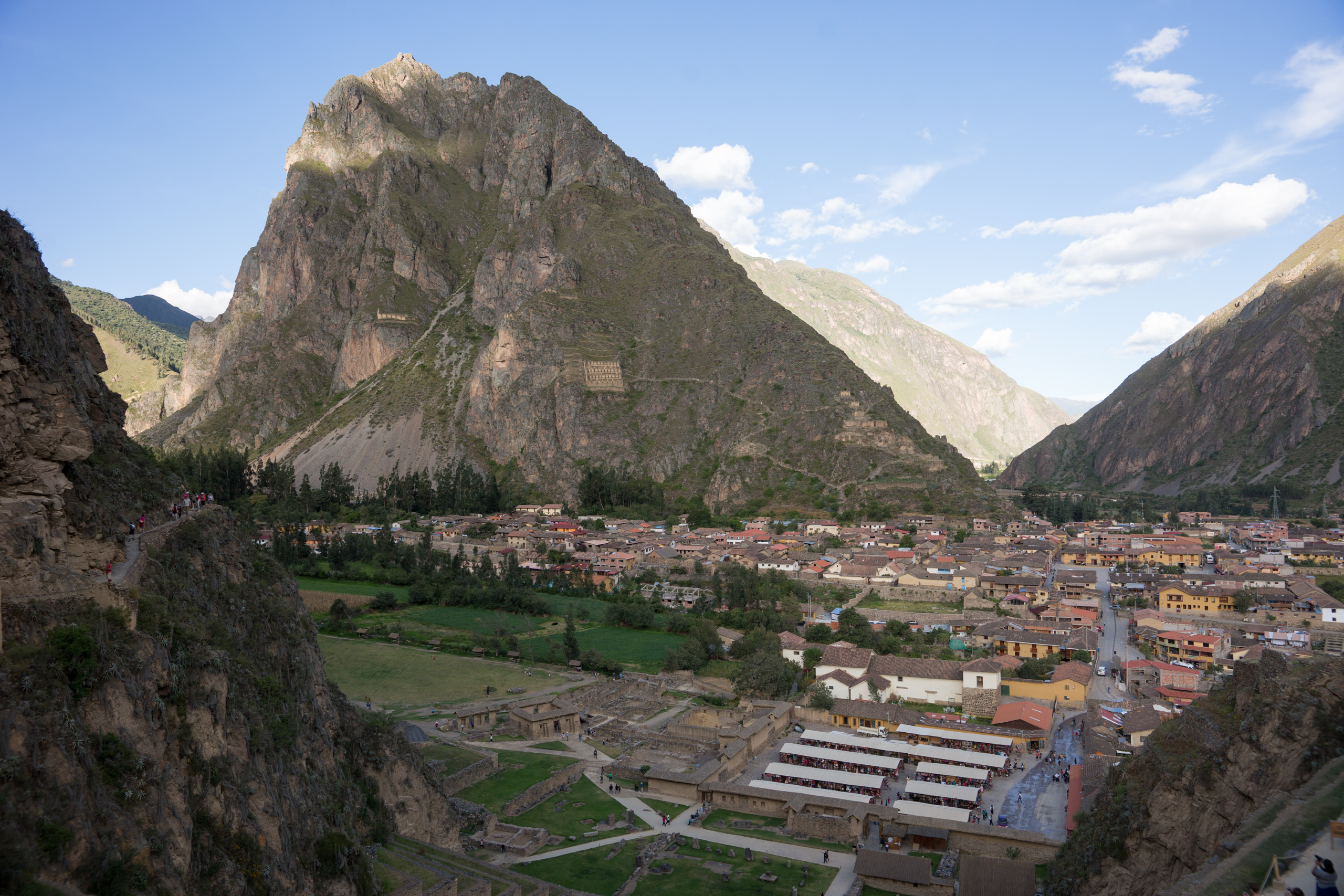 The town of Ollantaytambo.  On the opposite mountain the Inca constructed storage buildings.