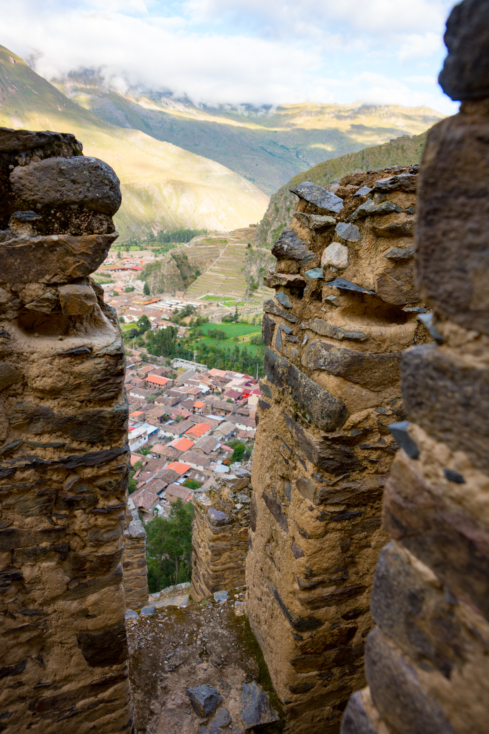 Looking down over Ollantaytambo from the storage buildings.